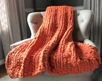 Orange Blanket - Chunky Knit Blanket - Super Chunky Knit Throw - Orange Chunky Knit Blanket - Cozy Chenille Blanket - Soft Hand Knit Throw