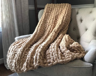 Beige Blanket - Chunky Knit Blanket - Super Chunky Throw - Beige Chunky Knit Blanket - Beige Chenille Blanket - Super Soft Chenille Throw