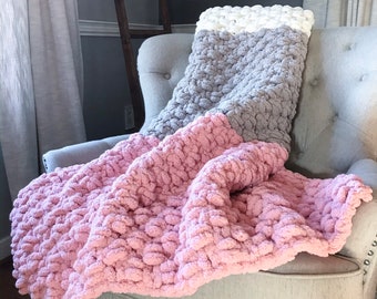 Pink and Gray Throw - Chunky Knit Blanket - Chunky Chenille Throw - Pink Striped Blanket - Gray Striped Throw - Super Chunky Blanket