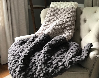 Chunky Knit Ombré Blanket - Vegan Chenille Cozy Throw - Soft Non-Shedding Afghan - Gray and Ivory Gradient Bedding