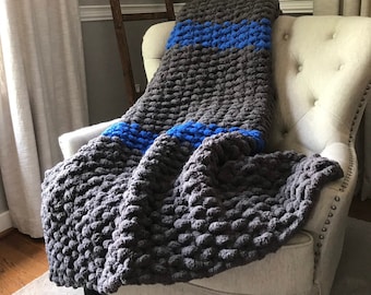 Gray and Blue Blanket - Chunky Knit Blanket - Chenille Throw Blanket - Dark Gray Blanket - Gray and Blue Striped Throw - Knit Throw Blanket