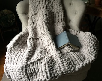 Light Gray Blanket - Chunky Knit Blanket - Basketweave Blanket - Gray Throw Blanket - Super Chunky Blanket - Soft Knitted Throw Blanket