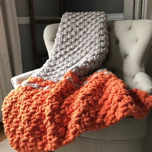 Chunky Knit Blanket - Orange Striped Throw - Gray and Orange Blanket - Chunky Chenille Throw - Gray Chunky Blanket - Fall Knit Blanket