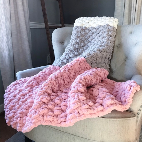 Pink and Gray Throw - Chunky Knit Blanket - Chunky Chenille Throw - Pink Striped Blanket - Gray Striped Throw - Super Chunky Blanket