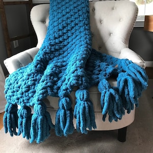 Teal Blue Blanket Tassel Blanket Chunky Knit Blanket Soft Chenille Throw Teal Knit Blanket Tassel Throw Blanket image 1