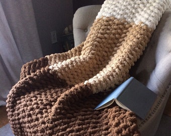 Chunky Knit Ombre Blanket - Brown Ombre Throw - Brown Beige and Ivory Blanket - Chunky Chnille Throw Blanket - Cozy Knit Throw Blanket