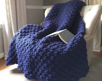 Navy Blue Chunky Knit Blanket - Super Chunky Knit Throw - Dark Blue Throw Blanket - Soft Chenille Knit Blanket - Cozy Knit Throw Blanket