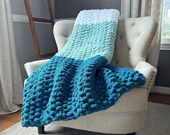 Teal Blue Ombre Throw - Chunky Knit Teal Blue Blanket - Super Soft Knit Throw - Chunky Chenille Throw Blanket - Soft Chunky Knit Blanket