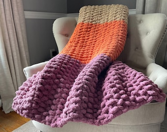 Colorful Blanket - Chunky Striped Blanket - Colorful Chunky Knit Throw - Striped Pink Throw - Orange Striped Blanket - Chenille Blanket