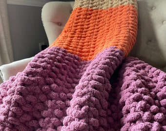 Colorful Knit Blanket - Super Chunky Knit Throw - Cozy Knit Blanket - Pink Orange and Beige Throw - Chunky Chenille Blanket