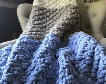 Chunky Knit Blanket - Blue Striped Throw - Light Blue Gray and Ivory Blanket - Super Chunky Knit Throw - Soft Knit Chenille Blanket