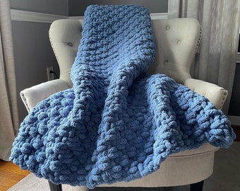 Blue Chunky Knit Blanket - Super Chunky Knit Throw - Blue Chunky Chenille Blanket - Soft Throw Blanket - Cozy Knit Throw Blanket