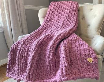 Chunky Knit Blanket - Pink Mauve Knit Throw - Soft Knit Blanket - Super Chunky Chenille Blanket - Cozy Knit Throw - Pink Purple Knit Throw