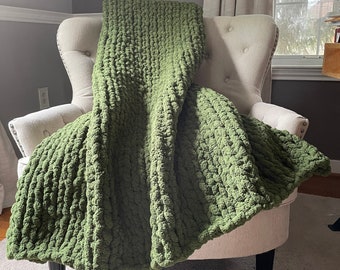 Olive Green Blanket - Chunky Knit Blanket - Super Chunky Green Throw - Green Knit Blanket - Green Chunky Throw Blanket