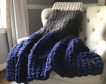 Striped Blanket - Chunky Knit Blanket - Navy Blanket - Gray Blanket - Gray Striped Blanket - Chenille Throw - Knit Blanket - Couch Throw