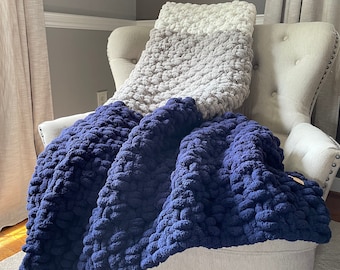 Navy Blue Striped Blanket - Navy Blue Gray and Ivory Throw - Chunky Knit Blanket - Super Chunky Knit Blanket - Soft Chenille Throw Blanket