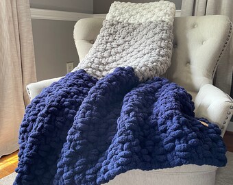 Navy Blue Striped Blanket - Navy Blue Gray and Ivory Throw - Chunky Knit Blanket - Super Chunky Knit Blanket - Soft Chenille Throw Blanket