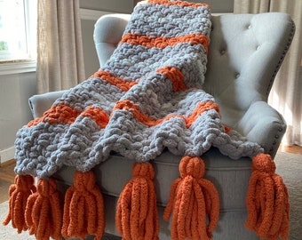Tassel Blanket - Chunky Knit Blanket - Fall Blanket - Chenille Throw - Chunky Tassel Throw - Orange Striped Blanket - Gray Striped Throw