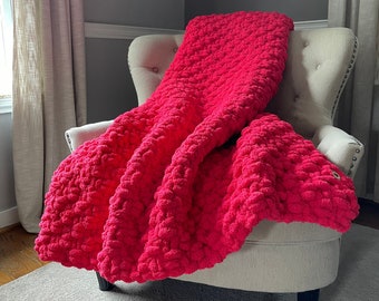 Vibrant Pink Blanket - Colorful Knit Blanket - Chunky Knit Pink Throw - Super Chunky Chenille Blanket - Cozy Knit Throw - Vegan Knit Throw