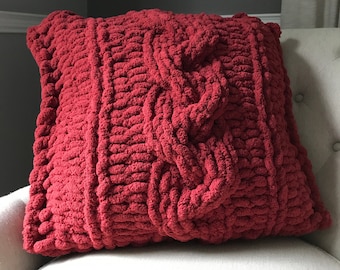 Chunky Knit Pillow - Cable Knit Pillow - Red Knit Pillow - Throw Pillow - 26x26 Pillowcase - Cranberry Cushion - Decorative Throw Pillow