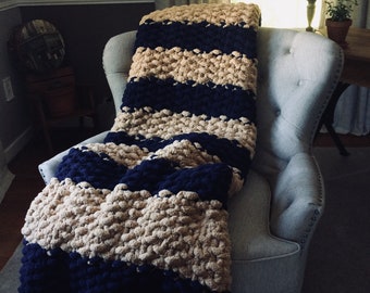 Navy Blue Striped Blanket - Chunky Knit Throw Blanket - Navy Blue and Khaki Knit Throw - Soft Chunky Chenille Throw - Cozy Knit Blanket