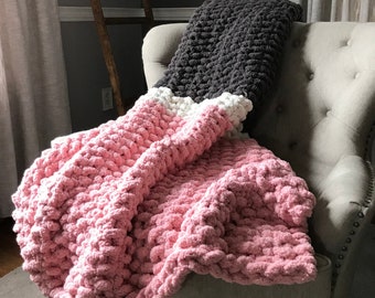 Gray and Pink Blanket - Chunky Knit Blanket - Gray Striped Throw - Pink Striped Throw - Color Block Blanket - Knit Blanket - Chenille Throw