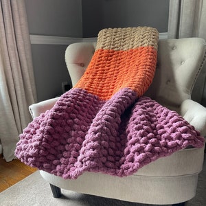 Colorful Blanket - Chunky Striped Blanket - Colorful Chunky Knit Throw - Striped Pink Throw - Orange Striped Blanket - Chenille Blanket