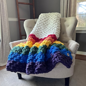 Rainbow Blanket - Chunky Knit Blanket - Pride Rainbow Throw - Rainbow Knit Throw Blanket - Pride Home Decor - Ivory Knit Blanket