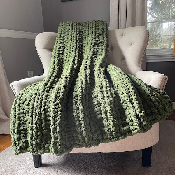 Olive Green Knit Blanket - Chunky Knit Green Throw - Soft Chunky Green Blanket - Super Chunky Chenille Blanket - Green Knit Throw Blanket