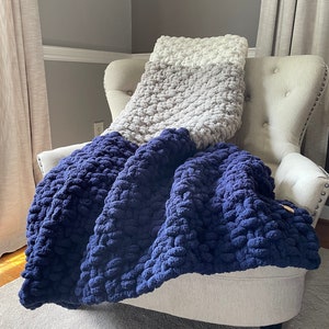 Navy Blue Striped Blanket Navy Blue Gray and Ivory Throw Chunky Knit Blanket Super Chunky Knit Blanket Soft Chenille Throw Blanket image 1