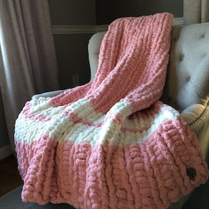 Chunky Knit Blanket - Pink and White Blanket - Pink Striped Throw - Light Pink Throw - Soft Chunky Blanket - White and Pink Striped Blanket