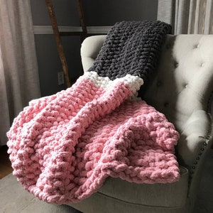 Gray and Pink Blanket - Chunky Knit Blanket - Gray Striped Throw - Pink Striped Throw - Color Block Blanket - Knit Blanket - Chenille Throw