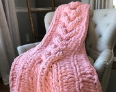 Light Pink Cable Braid Blanket - Vegan Chenille Soft Cozy Throw - Machine Washable Handknit Afghan - Girly Bedroom Decor Accents