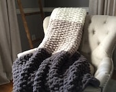 Chunky Knit Ombré Blanket - Vegan Chenille Cozy Throw - Soft Non-Shedding Afghan - Gray and Ivory Gradient Bedding