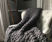 Super Chunky Knit Gray Throw - Soft Cozy Vegan Chenille Handknit Blanket - Charcoal Afghan Bedroom Accents