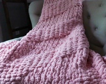 Pink Blanket - Chunky Knit Blanket - Chenille Throw - Knit Blanket - Cozy Throw - Diagonal Striped Throw - Custom Throw Blanket - Cozy Throw