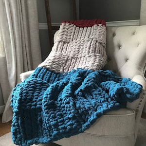 Chunky Knit Blanket Color Block Chunky Blanket Teal Blue Gray and Cranberry Throw Basketweave Chunky Knit Blanket Custom Knit Throw image 1