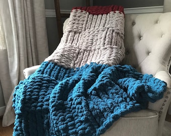 Chunky Knit Blanket - Color Block Chunky Blanket - Teal Blue Gray and Cranberry Throw - Basketweave Chunky Knit Blanket - Custom Knit Throw