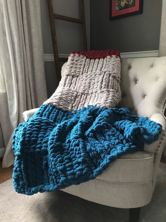 Chunky Knit Blanket - Color Block Chunky Blanket - Teal Blue Gray