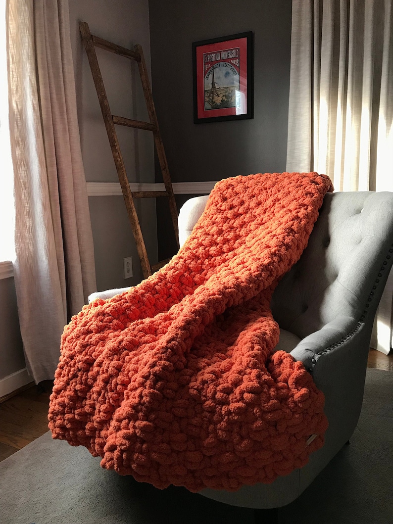 Orange Blanket Chunky Knit Blanket Soft Chenille Throw Etsy