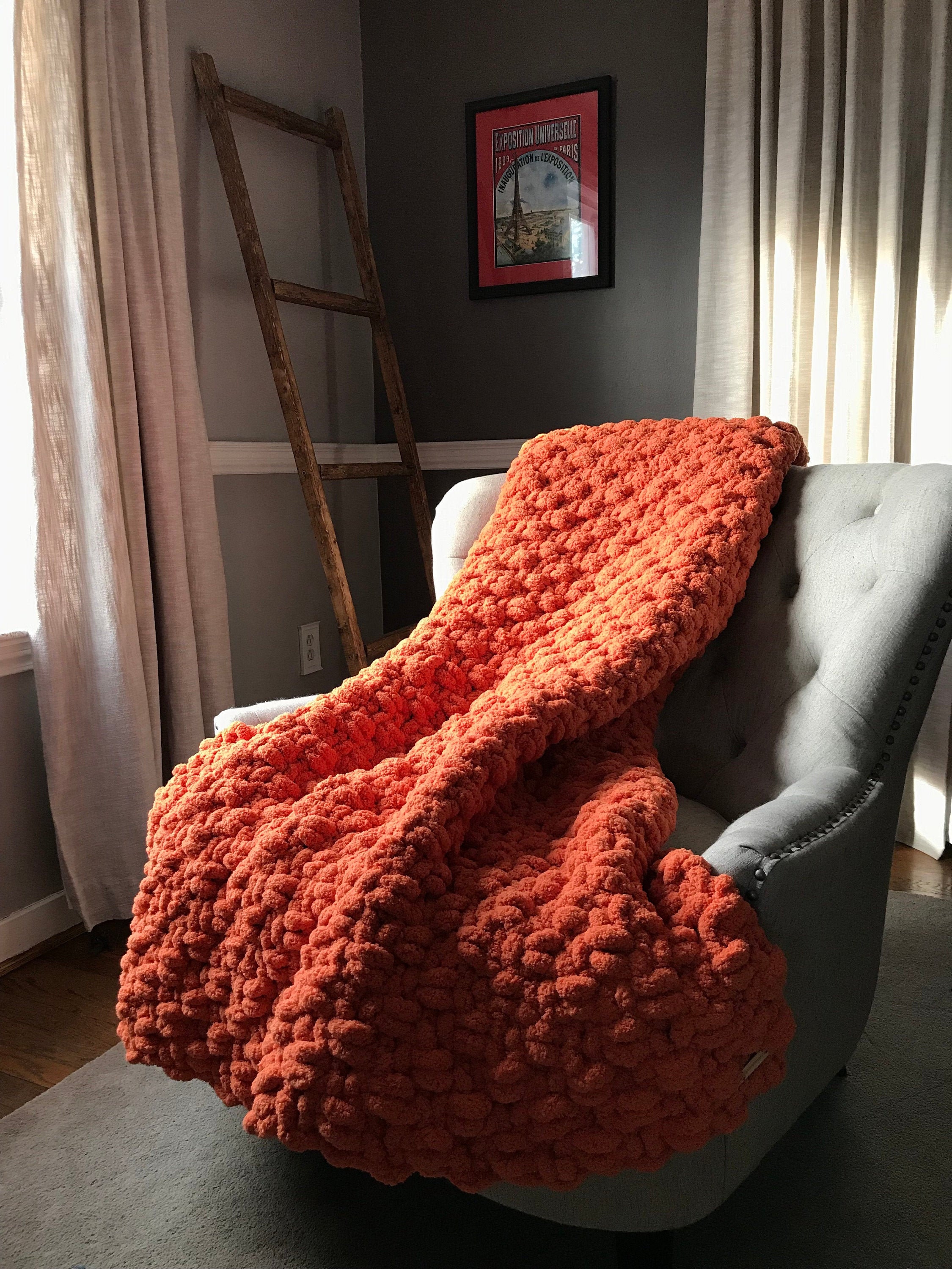 Chunky Knit Blanket - Black Orange and Ivory - Soft Chenille Throw Blanket