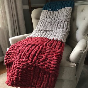 Chunky Knit Blanket Color Block Chunky Blanket Teal Blue Gray and Cranberry Throw Basketweave Chunky Knit Blanket Custom Knit Throw image 4
