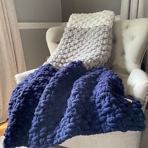 Navy Blue Striped Blanket Navy Blue Gray and Ivory Throw Chunky Knit Blanket Super Chunky Knit Blanket Soft Chenille Throw Blanket image 3