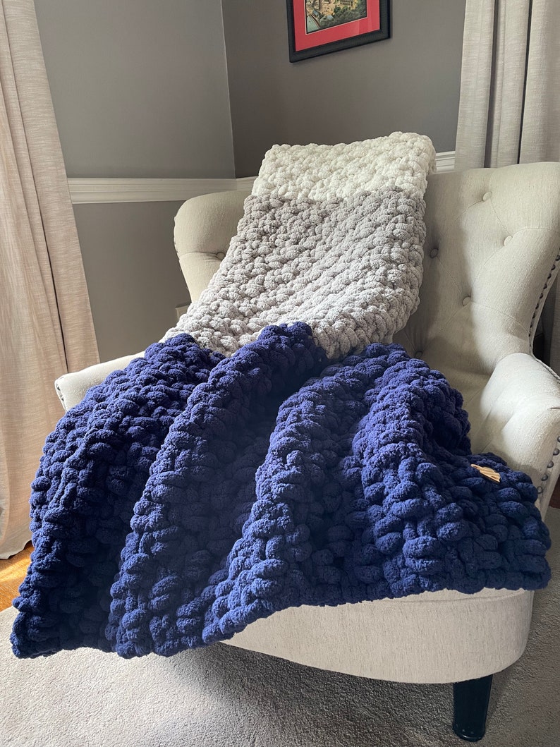 Navy Blue Striped Blanket Navy Blue Gray and Ivory Throw Chunky Knit Blanket Super Chunky Knit Blanket Soft Chenille Throw Blanket image 3