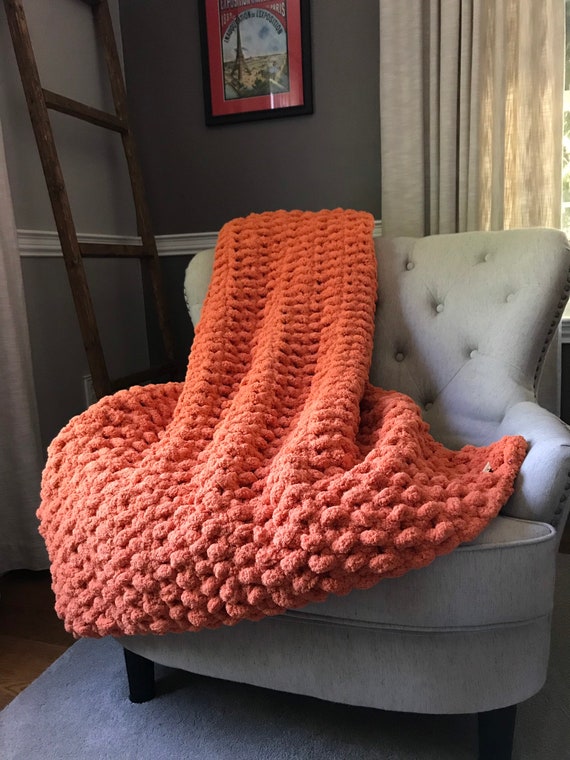 Chunky Knit Blanket - Black Orange and Ivory - Soft Chenille Throw