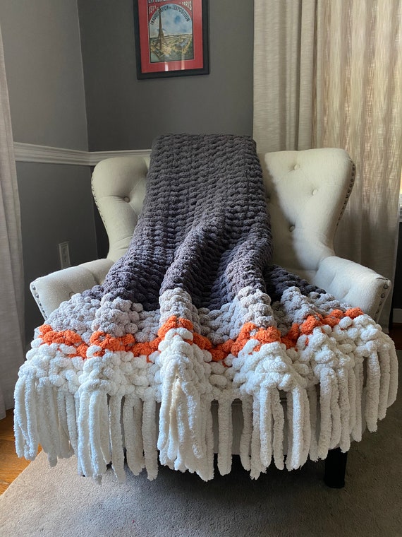 Chunky Knit Blanket Orange Striped Throw Gray and Orange 