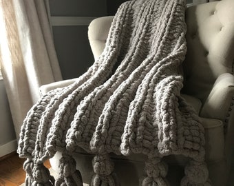 Light Gray Blanket - Chunky Knit Blanket - Gray Throw Blanket - Gray Tassel Blanket - Chunky Knit Tassel Throw - Gray Knit Blanket