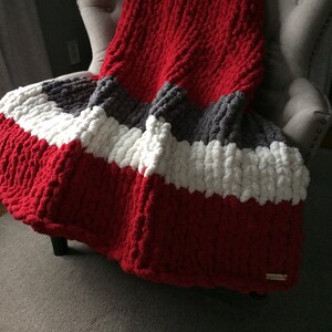 Ohio Football Blanket Chunky Knit Blanket Red and Gray Striped Throw Ohio Blanket Soft Knit Throw Chenille Blanket Cozy Throw image 2