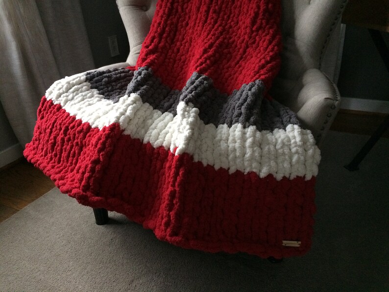 Ohio Football Blanket Chunky Knit Blanket Red and Gray Striped Throw Ohio Blanket Soft Knit Throw Chenille Blanket Cozy Throw image 2