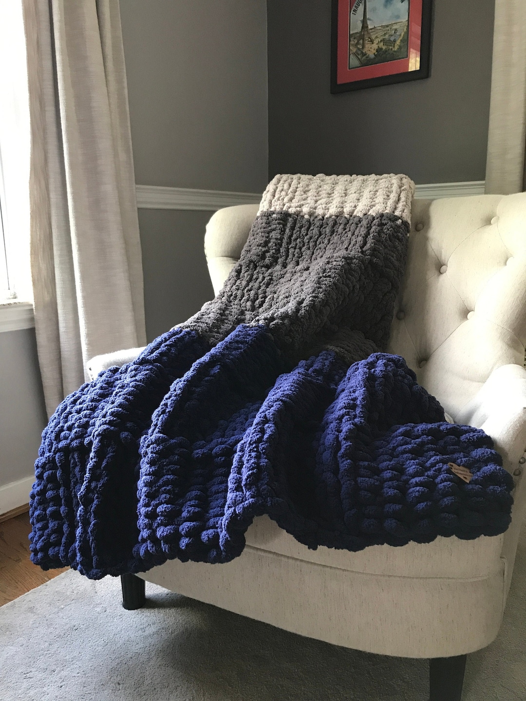 Striped Blanket Chunky Knit Blanket Navy Blanket Gray Blanket Gray